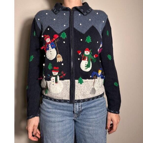 Vintage Blue Snowman Holiday Zip Up Sweater Size Small - Picture 1 of 3